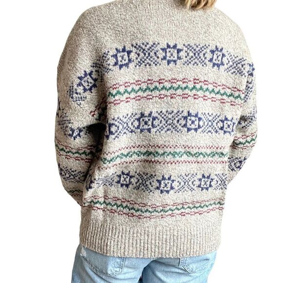 Vintage 80s Womens Wool Geometric Fair Isle Grandpa Oversized Sweater Sz L - Picture 2 of 6
